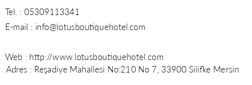 Lotus Boutique Hotel telefon numaralar, faks, e-mail, posta adresi ve iletiim bilgileri